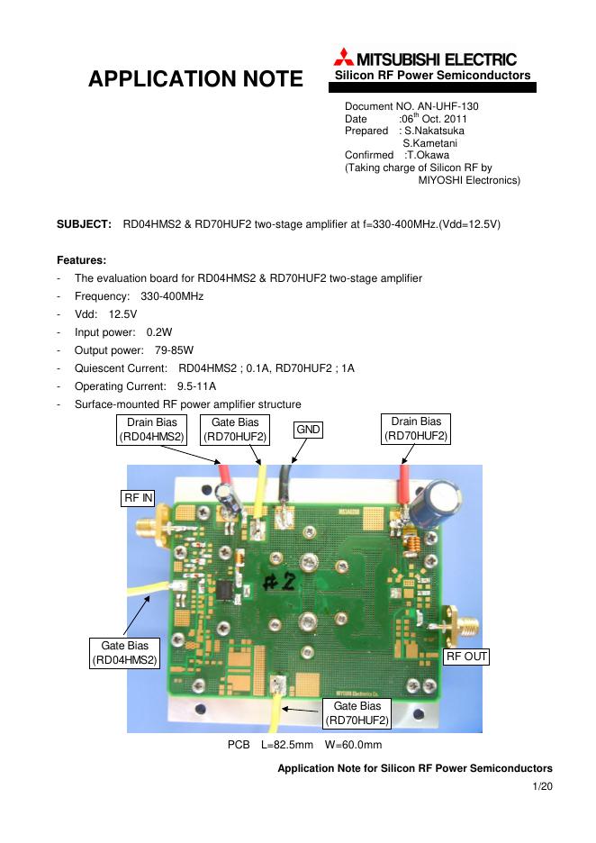 MITSUBISHI ELECTRIC RD04HMS2 & RD70HUF2 two-stage amplifier at f=330-400MHz.(Vdd=12.5V) 说明书