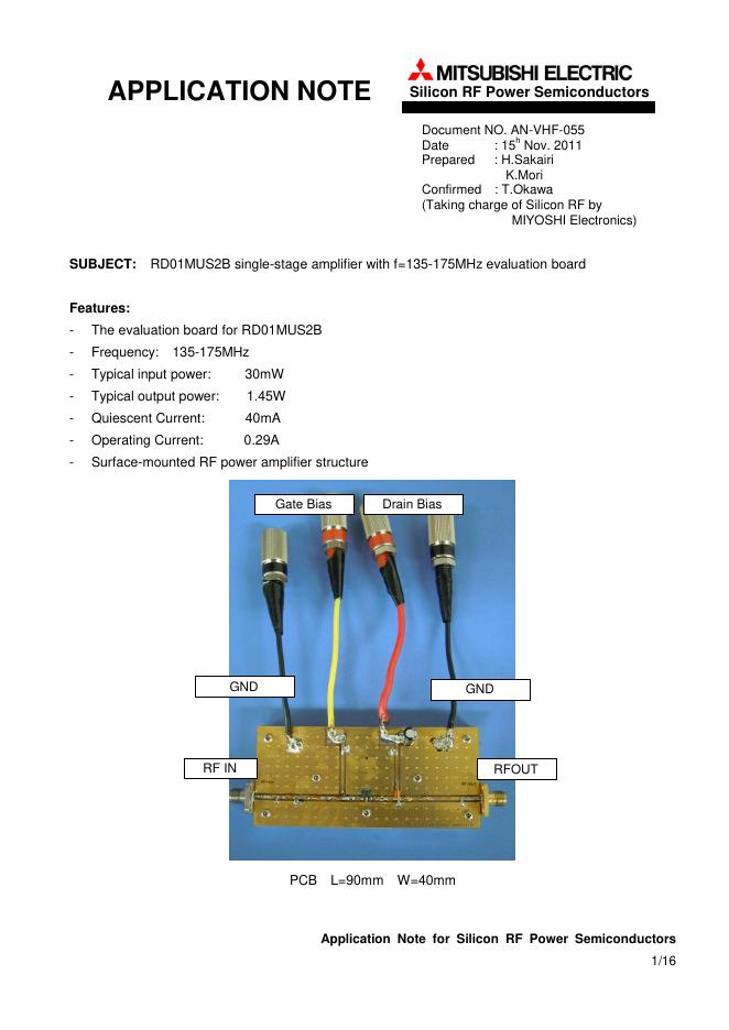 MITSUBISHI ELECTRIC RD01MUS2B single-stage amplifier with f=135-175MHz evaluation board 说明书