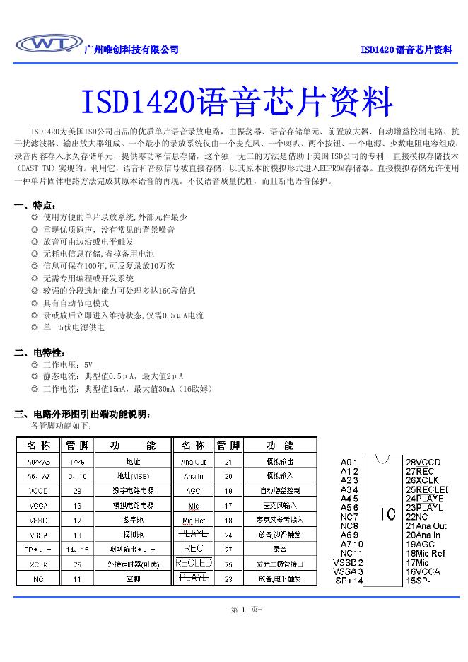 广州维创科技有限公司 ISD1420语音<em>芯片</em>资料 说明书 海报