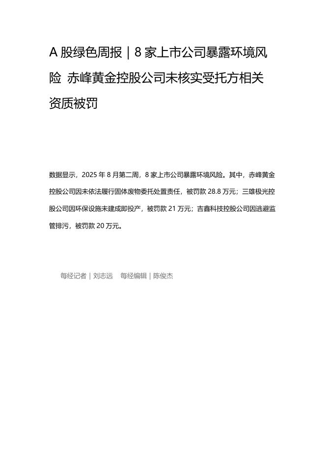 A股绿色周报（2025年第210期）：8家上市公司暴露环境风险 赤峰黄金控股公司未核实受托方相关资质被罚海报