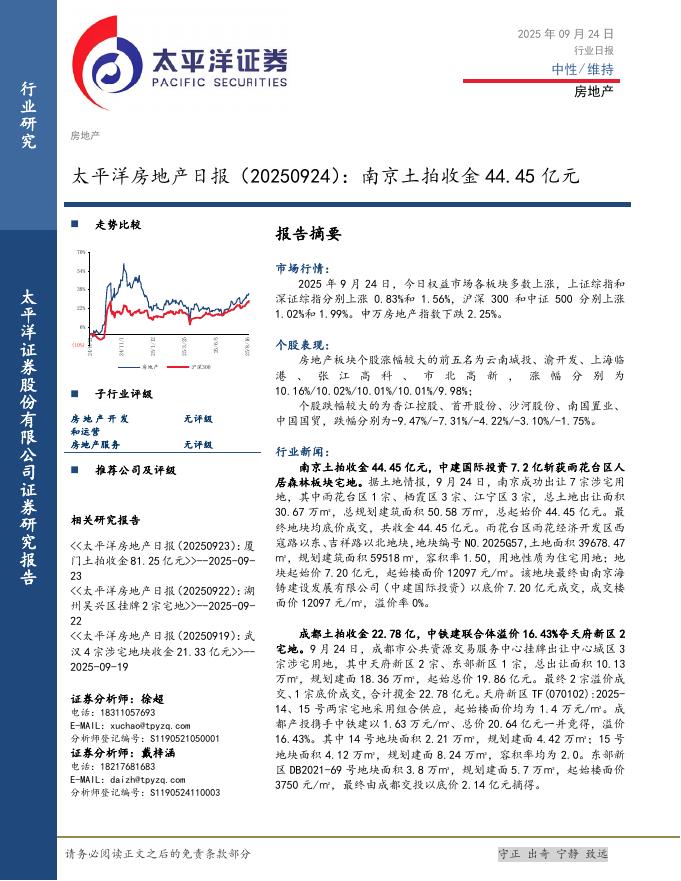 太平洋证券：房地产日报：南京土拍收金44.45亿元海报