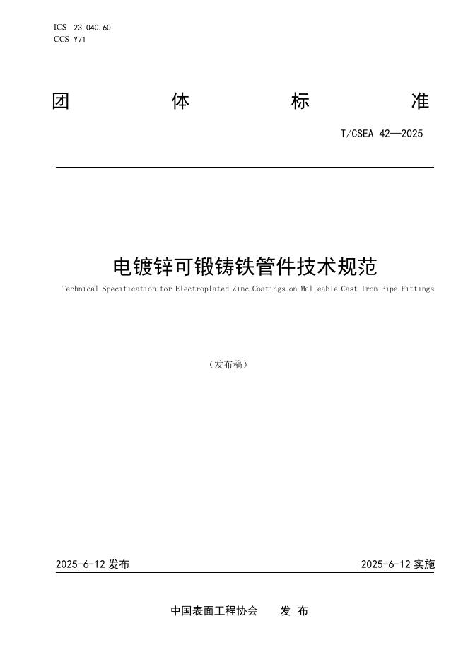 T/CSEA 42-2025 电镀锌可锻铸铁管件技术规范
