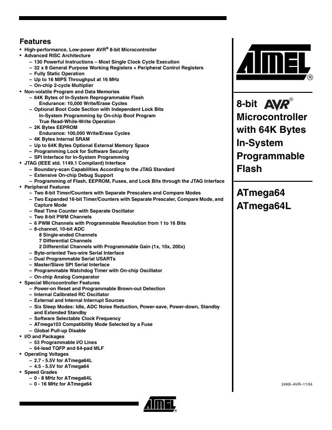ATMEL ATmega64 ATmega64L 说明书