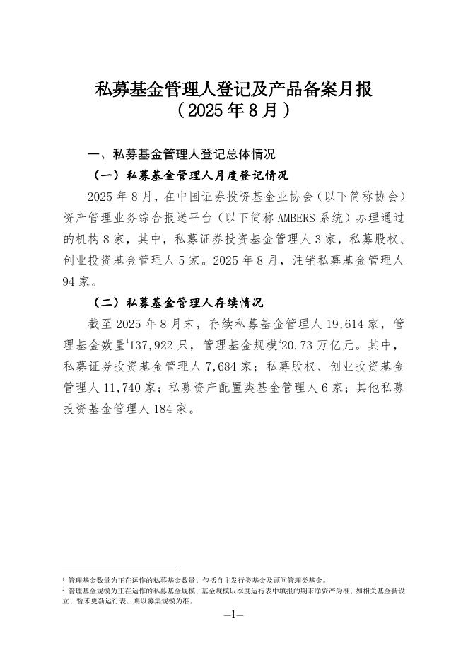 中国证券投资基金业协会：私募基金管理人登记及产品备案月报（2025年8月）海报