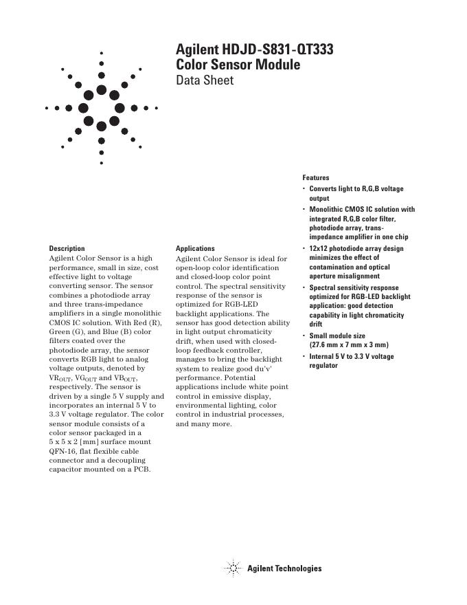 AVAGO TECHNOLOGIES Agilent HDJD-S831-QT333 Color Sensor Module Data Sheet 说明书