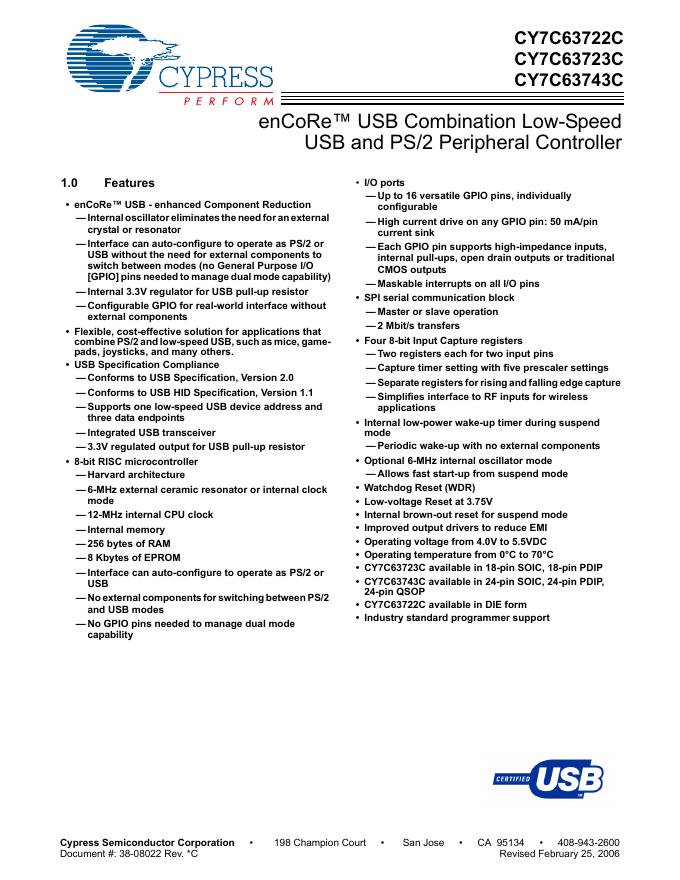 CYPRESS CY7C63722C CY7C63723C CY7C63743C 说明书