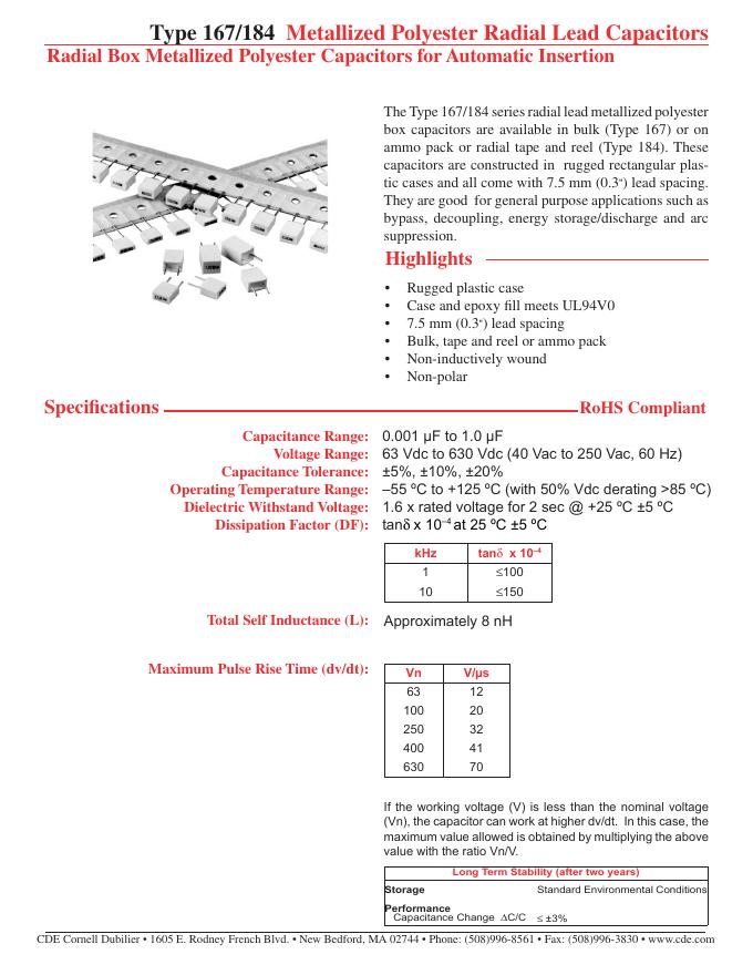Type 167/184 Metallized Polyester Radial Lead Capacitors 说明书