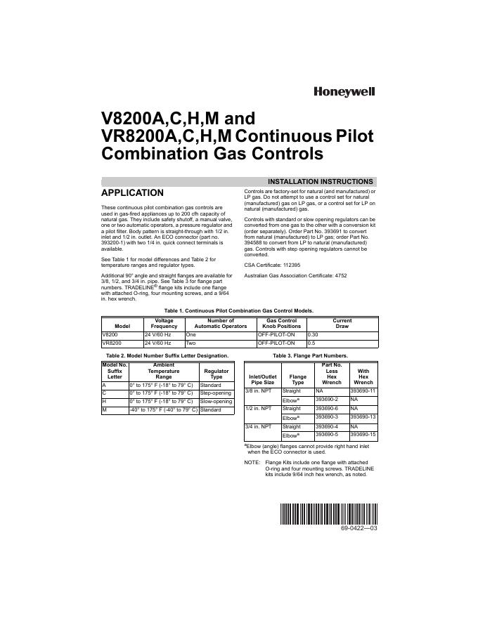 Honeywell V8200A,C,H,M、<em>VR</em>8200A,C,H,M 说明书 海报