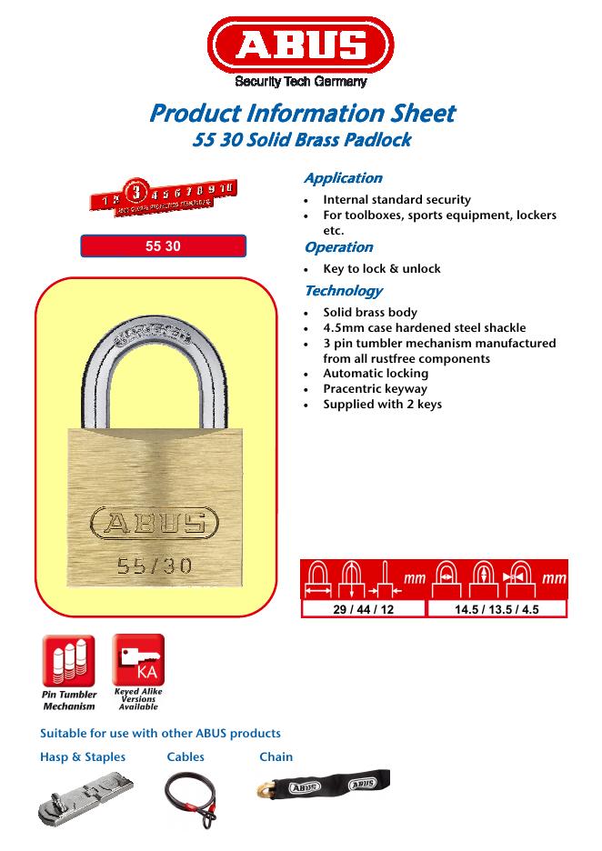 ABUS Product Information Sheet 55 30 Solid Brass Padlock 说明书