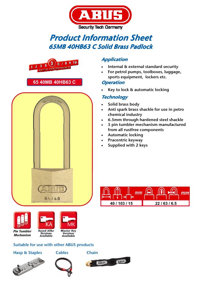 ABUS Product Information Sheet 65MB 40HB63 C Solid Brass Padlock 说明书