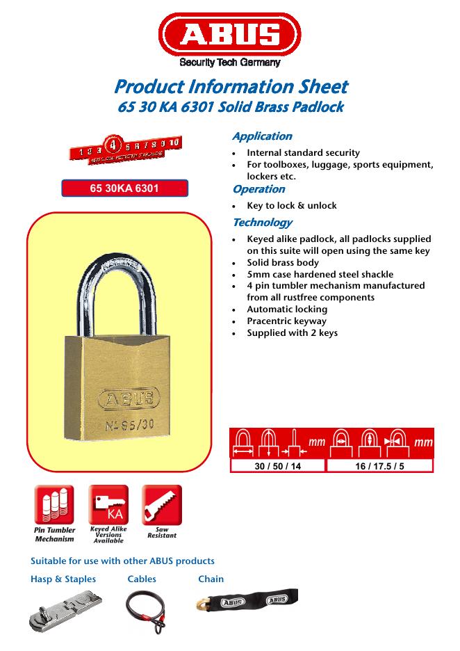 ABUS Product Information Sheet 65 30 KA 6301 Solid Brass Padlock 说明书