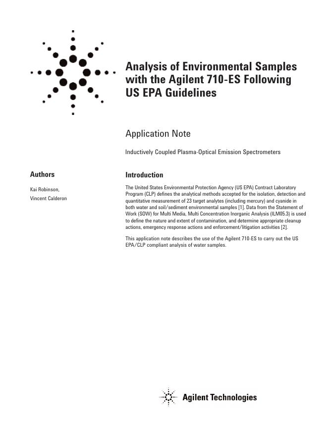 Agilent Analysis of Environmental Samples with the 710-ES Following US EPA Guidelines 说明书