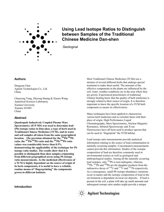 Agilent Using Lead Isotope Ratios to Distinguish between Samples of the Traditional Chinese Medicine Dan-shen 说明书