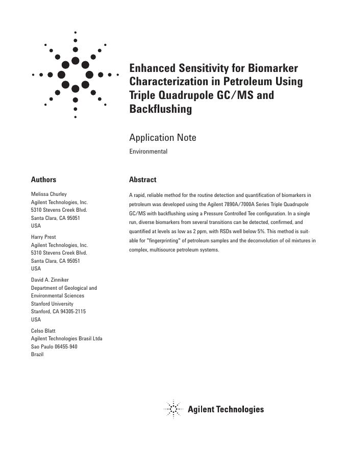 Agilent Enhanced Sensitivity for Biomarker Characterization in Petroleum Using Triple Quadrupole GC/MS and Backflushing 说明书