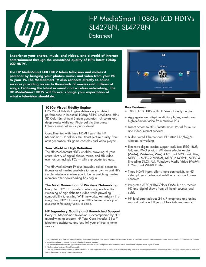 HP MediaSmart 1080p LCD HDTVs SL4278N,SL4778N 说明书