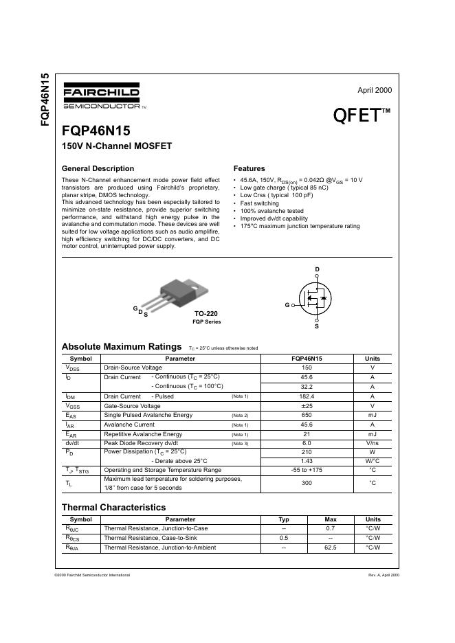 FAIRCHILD FQP46N15 150V N-Channel MOSFET 说明书