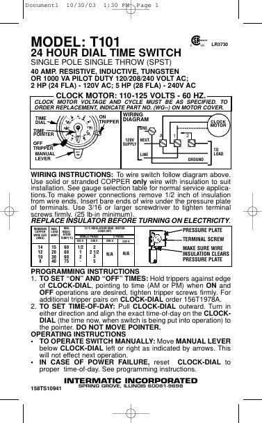 T101 24 HOUR DIAL TIME SWITCH 说明书