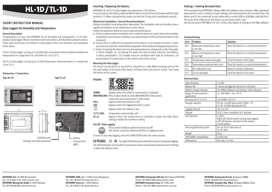 ROTRONIC HL-1D/TL-1D 数据记录仪使用说明书