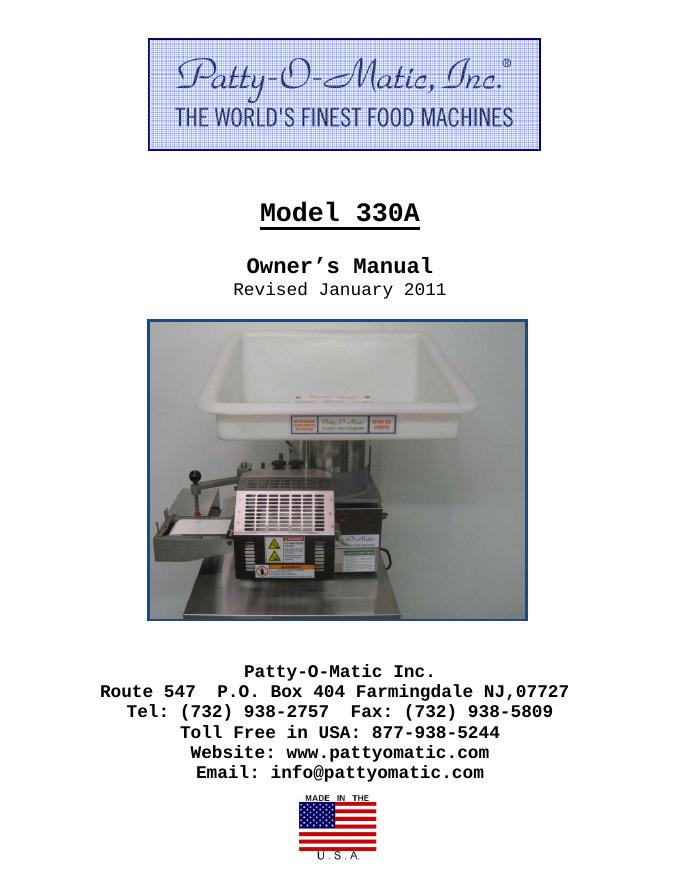 Patty-O-Matic, Inc. Model 330A点心机使用说明书