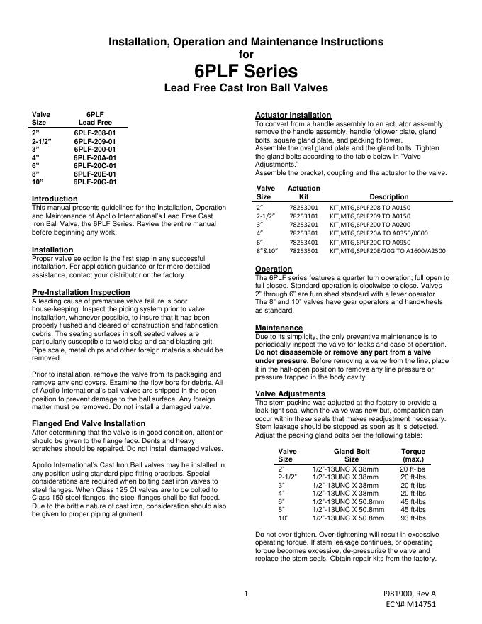 Apollo International 6PLF系列无铅铸铁球阀的安装、操作和维护说明