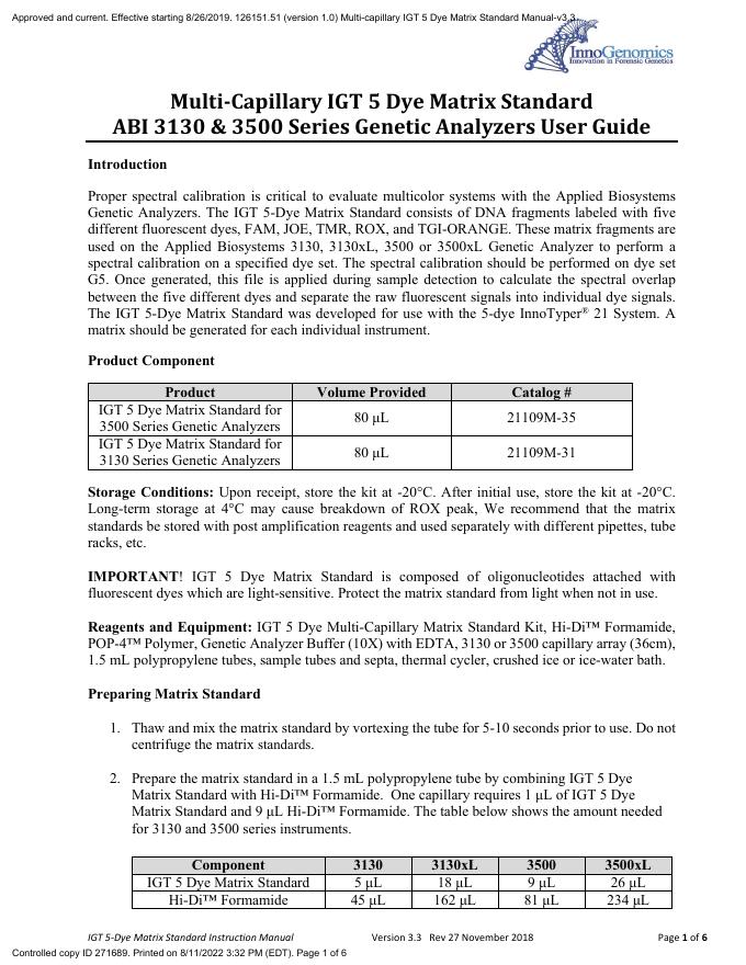 IGT 5-Dye Matrix Standard 使用说明