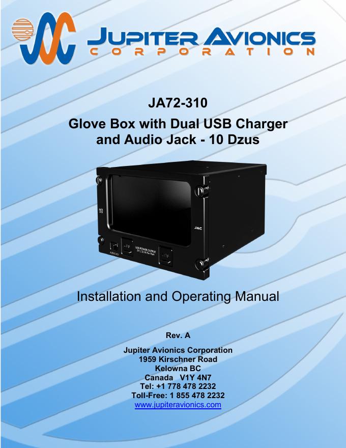 Jupiter Avionics Corporation JA72-310 Glove Box with Dual USB Charger and Audio Jack 安装和使用说明