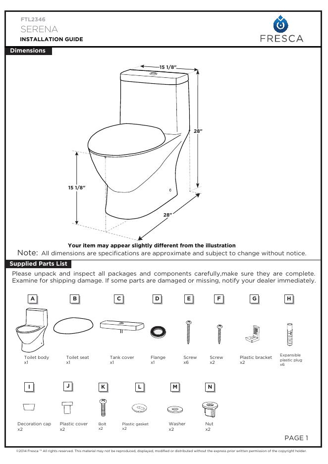 Fresca FTL2346 SERENA座便器安装说明书