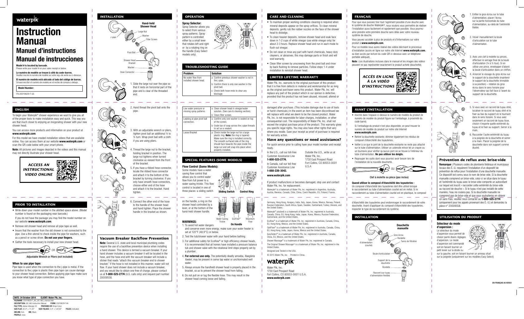 Waterpik®淋浴系统安装说明书