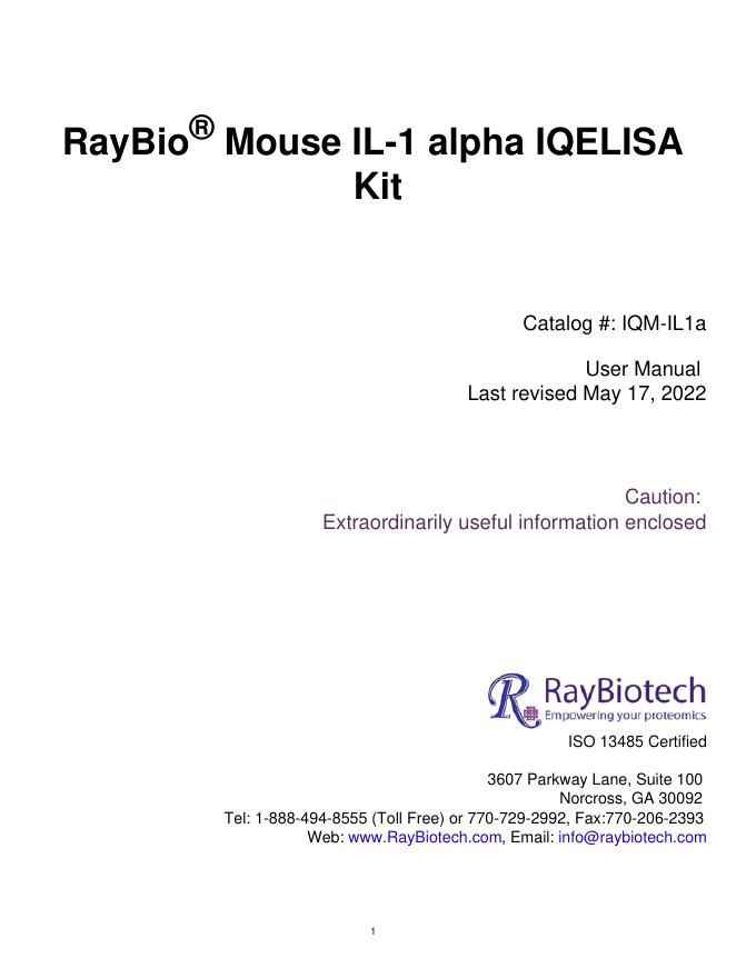 RayBio® Mouse IL-1 alpha IQELISA 使用说明书