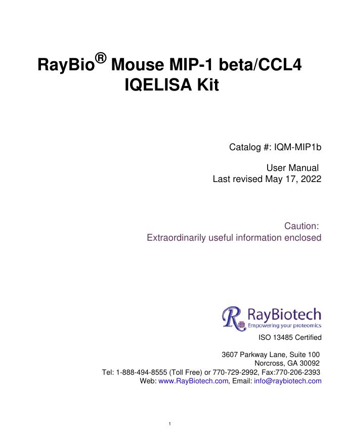 RayBio® Mouse MIP-1 beta/CCL4 IQELISA Kit 说明书