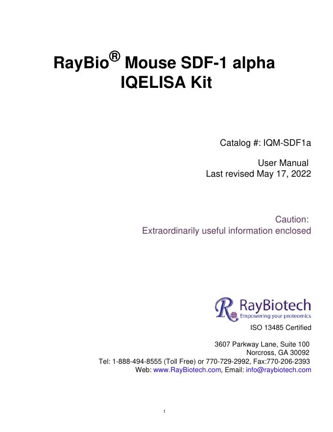 RayBio® Mouse SDF-1 alpha IQELISA Kit 使用说明书