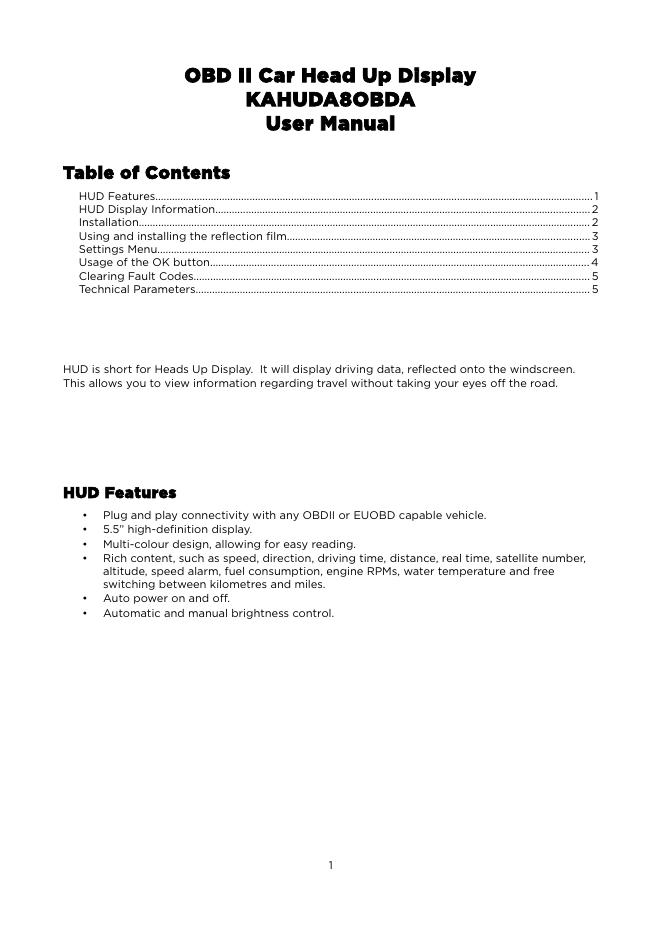 KAHUDA8OBDA车用抬头显示器使用说明书