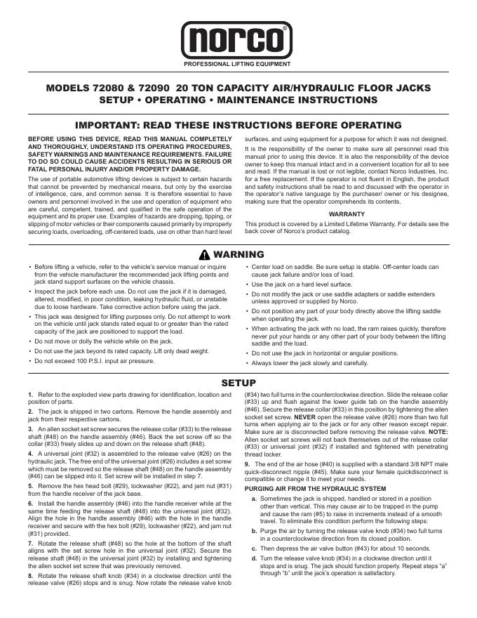 Norco 72080 & 72090 20吨起重气/液压地面千斤顶使用说明书