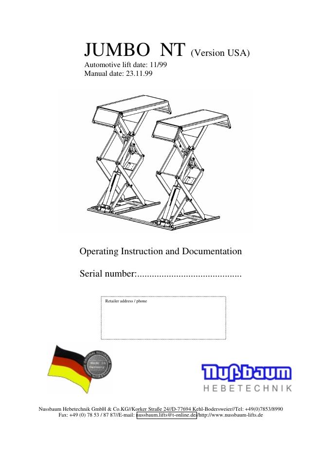 JUMBO NT 汽车升降机操作说明书