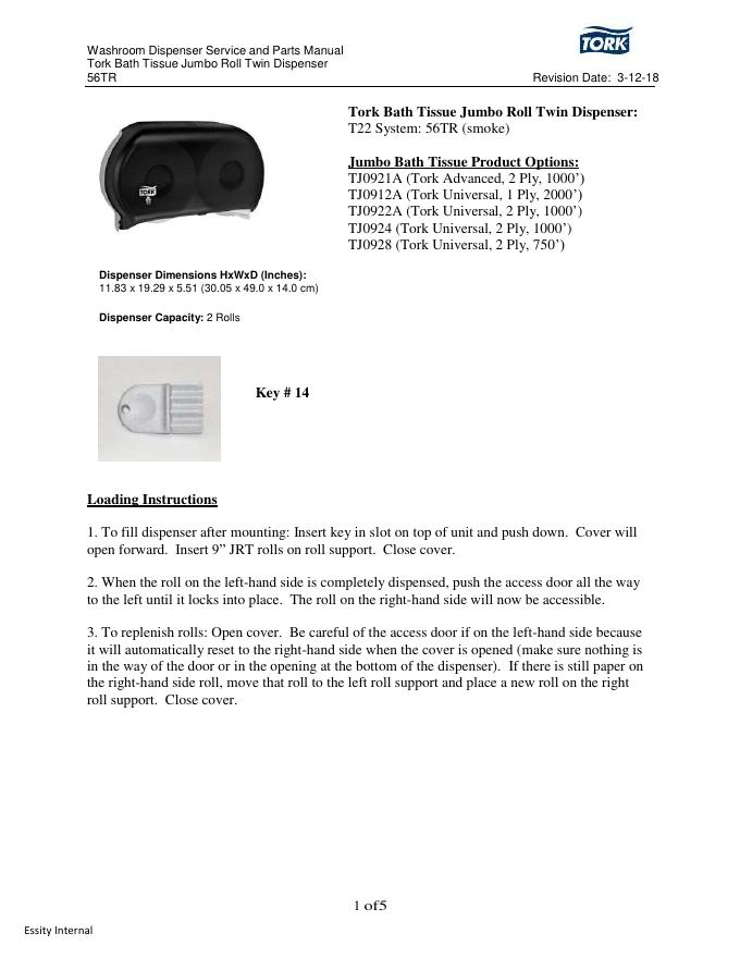 Tork Bath Tissue Jumbo Roll Twin Dispenser 56TR纸巾盒使用说明书