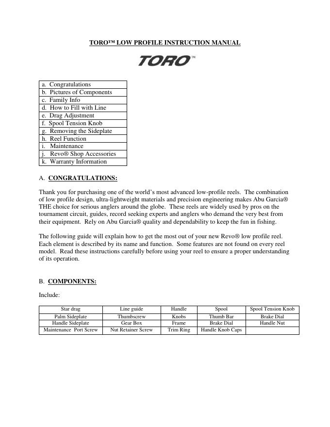 Abu Garcia® Toro™低轮廓钓鱼竿使用说明书