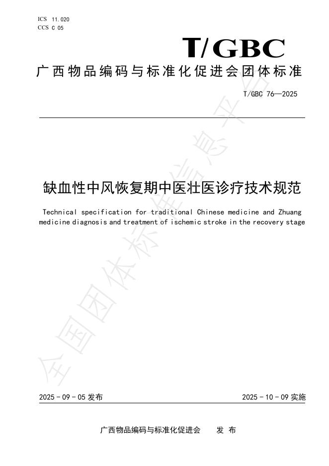 T/GBC 76-2025 缺血性中风恢复期中医壮医诊疗技术规范