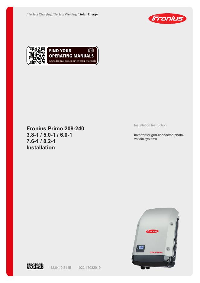 Fronius Primo 208-240 3.8-1/5.0-1/6.0-1 7.6-1/8.2-1安装说明