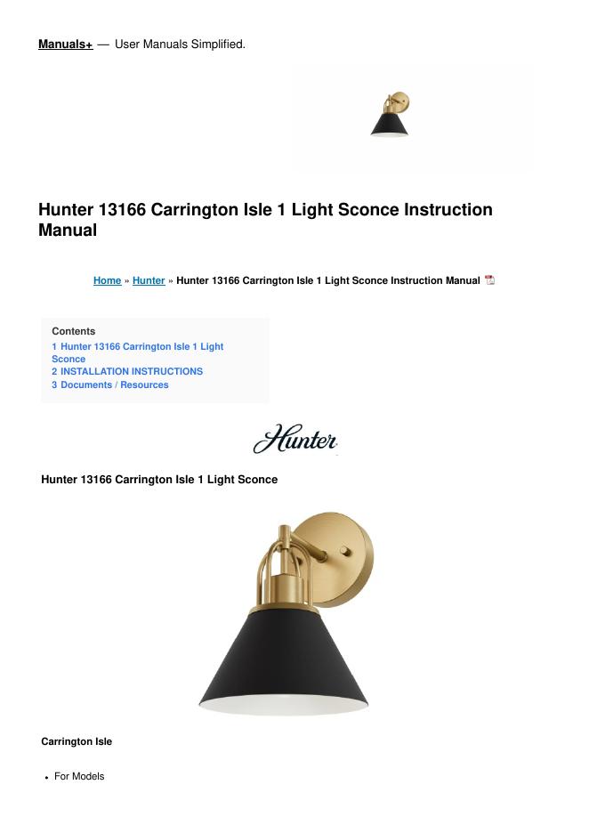 Hunter 13166 Carrington Isle 1烛台壁灯安装说明书