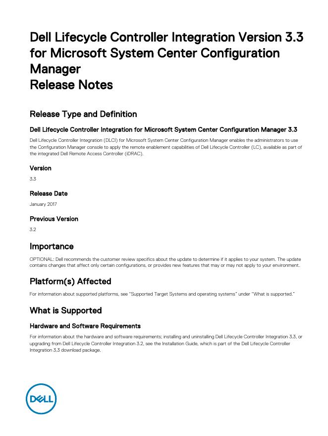 戴尔生命周期控制器集成版 3.3 for Microsoft System Center Configuration Manager 发行说明
