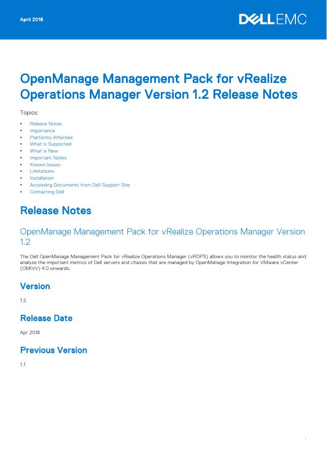 戴尔OpenManage Management Pack for vRealize Operations Manager版本1.2发行说明