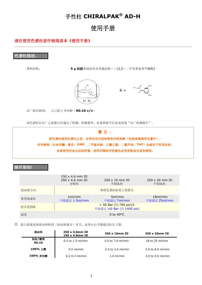手性柱 CHIRALPAK AD-H 使用手册