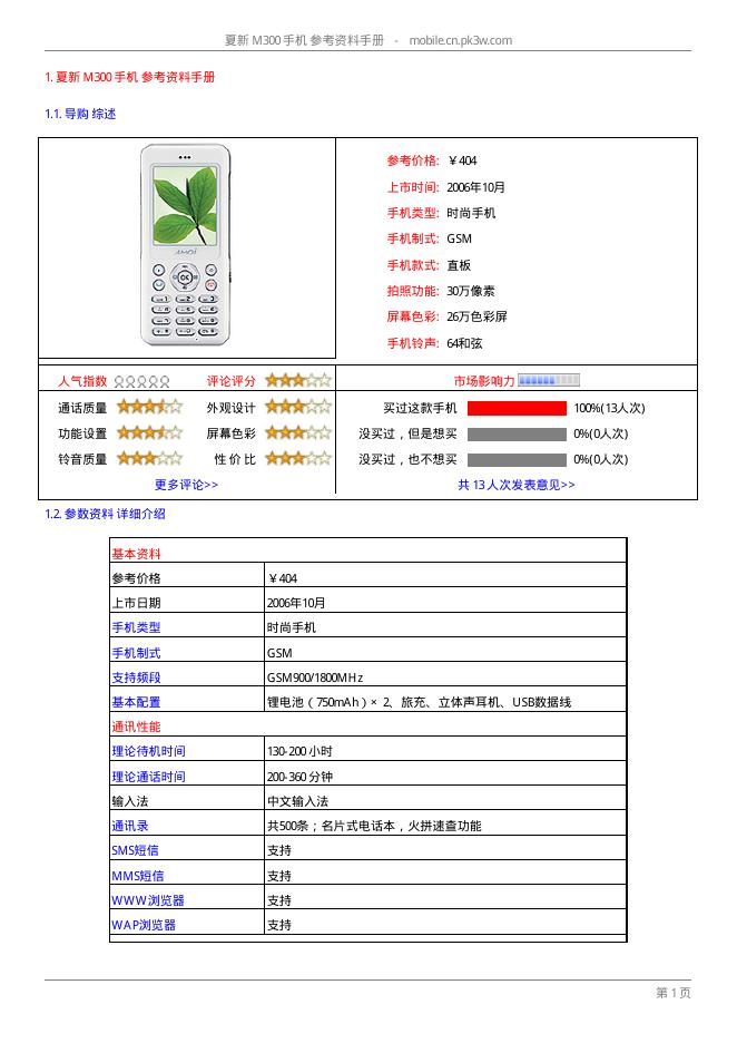 夏新 M300手机 参考资料手册