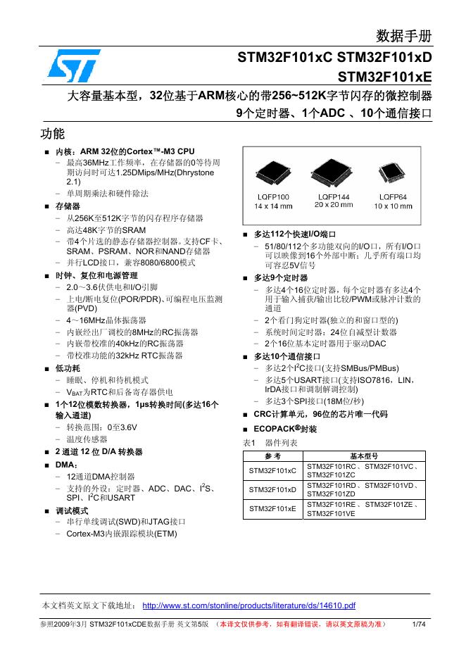 ST STM32F101xC STM32F101xD STM32F101xE通信接口 数据手册
