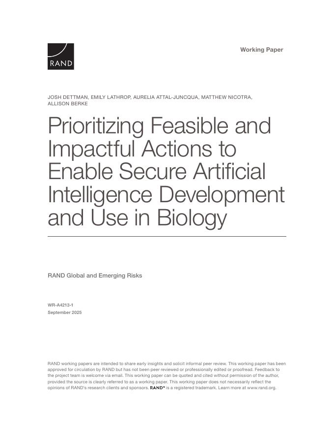 Rand兰德：2025年优先考虑可行和有影响力的行动，以实现人工智能在生物学中的安全开发和使用报告（英文版）_第1页