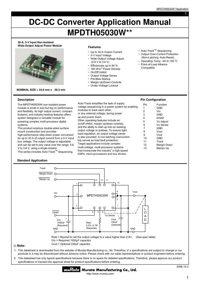 Murata Manufacturing DC-DC Converter MPDTH05030W*Application Manual 用户手册