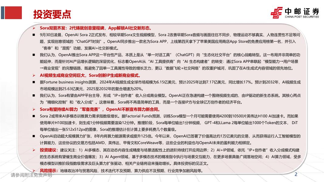 中邮证券：人工智能：从工具到社交生态，Sora2引领AI多模态转型_第2页