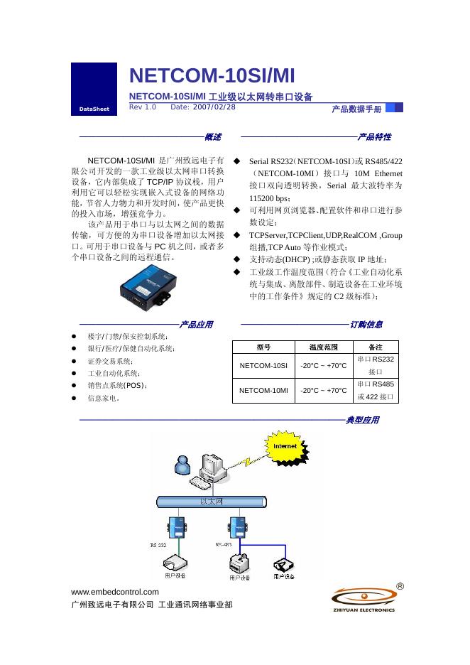 广州致远电子有限公司 NETCOM-10SI/MI NETCOM-10SI/MI 工业级以太网转串口设备 产品数据手册