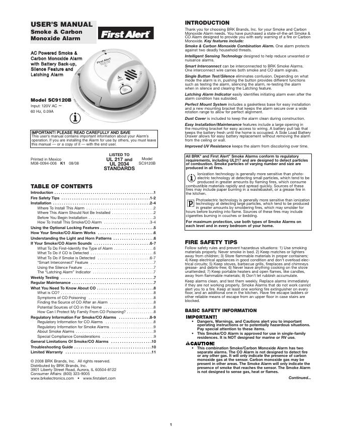 First Alert SC9120B Smoke&Carbon Monoxide Alarm 用户手册