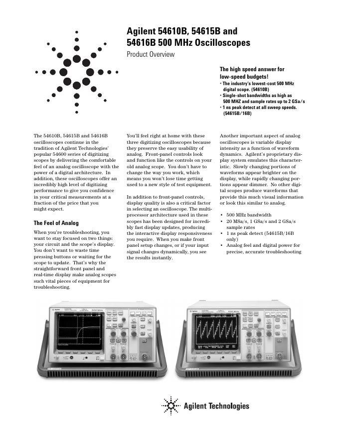 Agilent 54610B,54615B and 54616B 500 MHz Oscilloscopes 数据手册